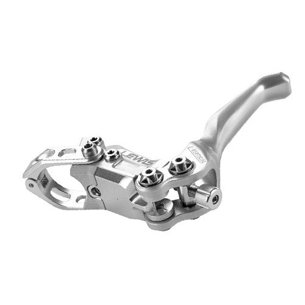 A close-up of a Lewis LV2 Post Mount Disc Brake made from 7075 aluminum alloy on a white background, showing detailed CNC machining and adjustment screws.