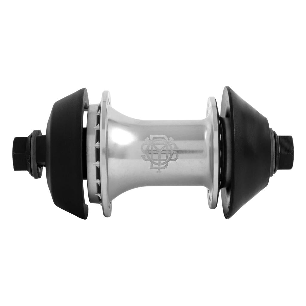 The Odyssey Hexagram Rear Cassette Hub, featuring a silver body and black cones on each end, is shown from the side against a white background.