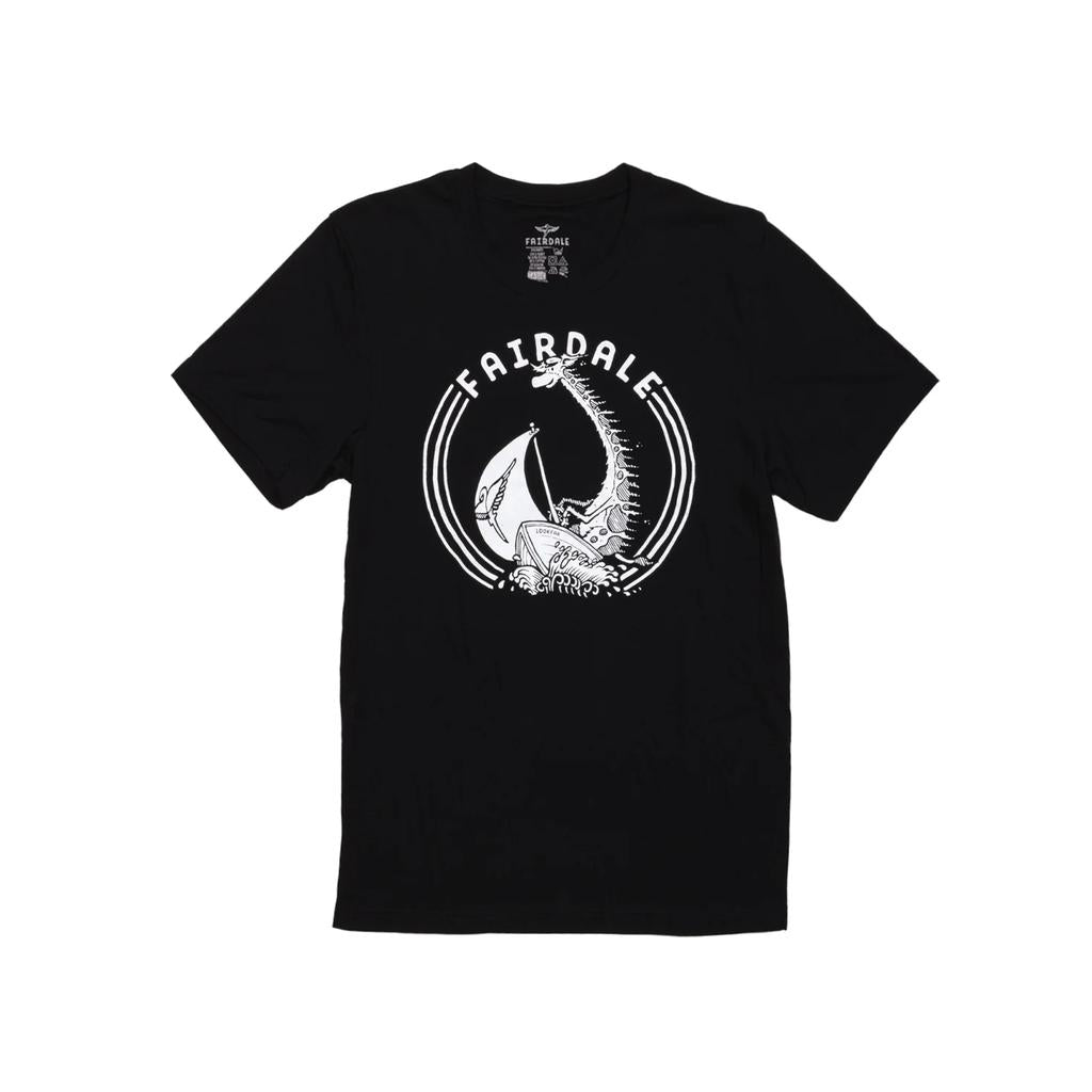 The Fairdale Sail On T-Shirt is a black tee featuring a white dinosaur riding a bike graphic with "FAIRDALE" above it—perfect for fans of unique shirts like the Giraffe t-shirt or sailboat tee.