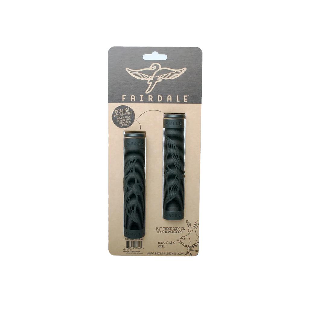 Two black Fairdale Swan Logo Grips, in original packaging on branded cardboard backing with product info. These grips provide comfort and style for your bike ride.