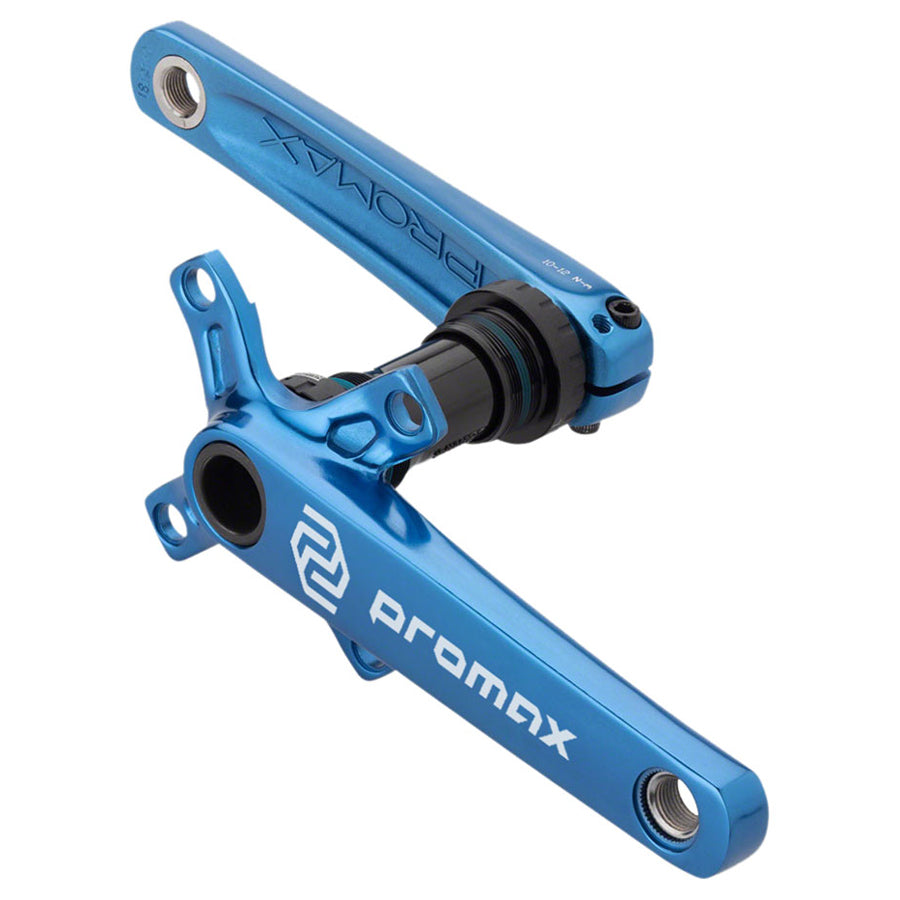 A blue handlebar with the Promax CF-2 Crankset on it, designed for weight savings and stiffness.