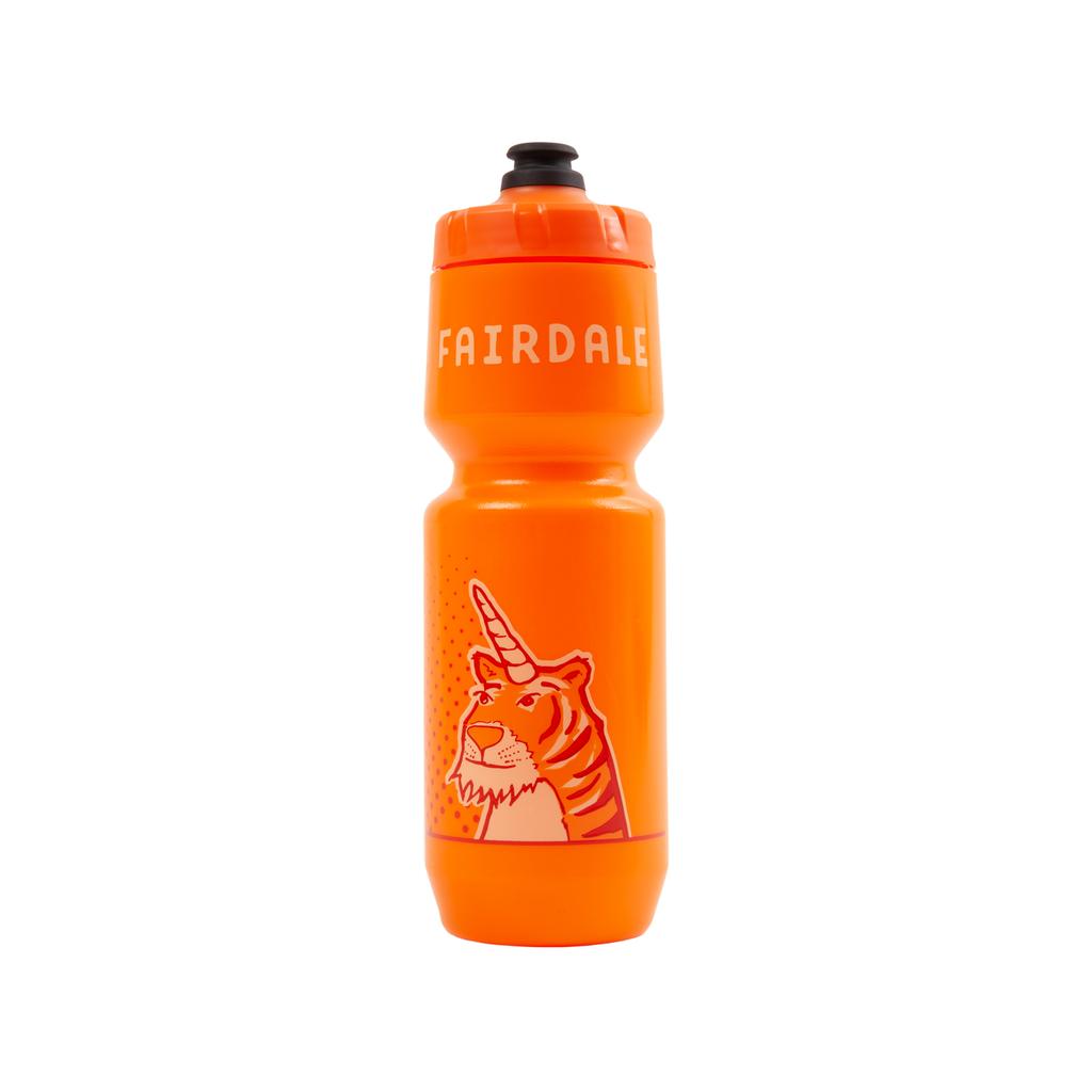 The Fairdale Macaroni Water Bottle is an orange, BPA-free sports bottle featuring "Fairdale" in white at the top and a unicorn-horned tiger illustration near the bottom—perfect for staying hydrated on the go.