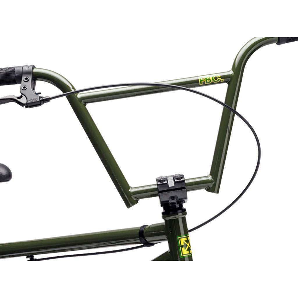 Close-up of the Fit Bike Co STR 20 Inch Bike (2026) in olive green, highlighting its handlebar with brake lever, visible cable, and yellow decals—crafted for modern street BMX riding.