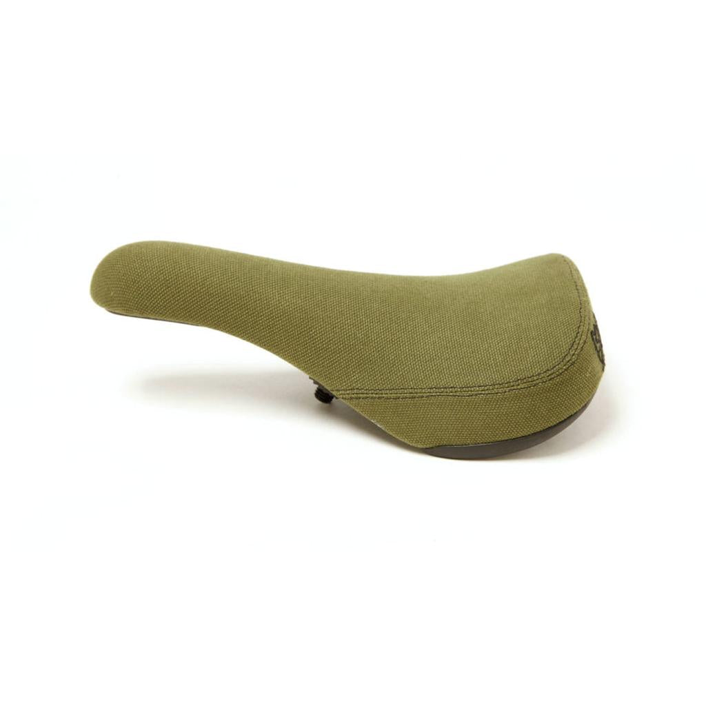 The S&M Stealth Pivotal Seat (Canvas) in olive green features a fabric cover for comfort and is shown from the side against a white background.