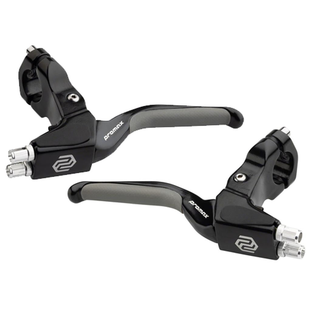 A pair of Promax BL-47 V Brake Levers in black and gray, designed for linear pull brakes with mounting clamps, adjustment barrels, and dual cable slots, displayed on a white background.
