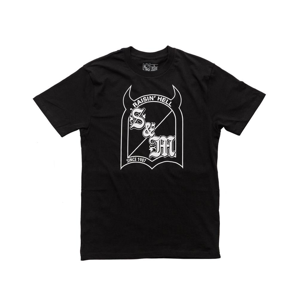 The S&M Raise Hell T-Shirt is a black tee with a white "RAISIN' HELL" front graphic, stylized "S & M," and "SINCE 1987" inside a devil horn frame—perfect for BMX fans and S&M Shield enthusiasts.