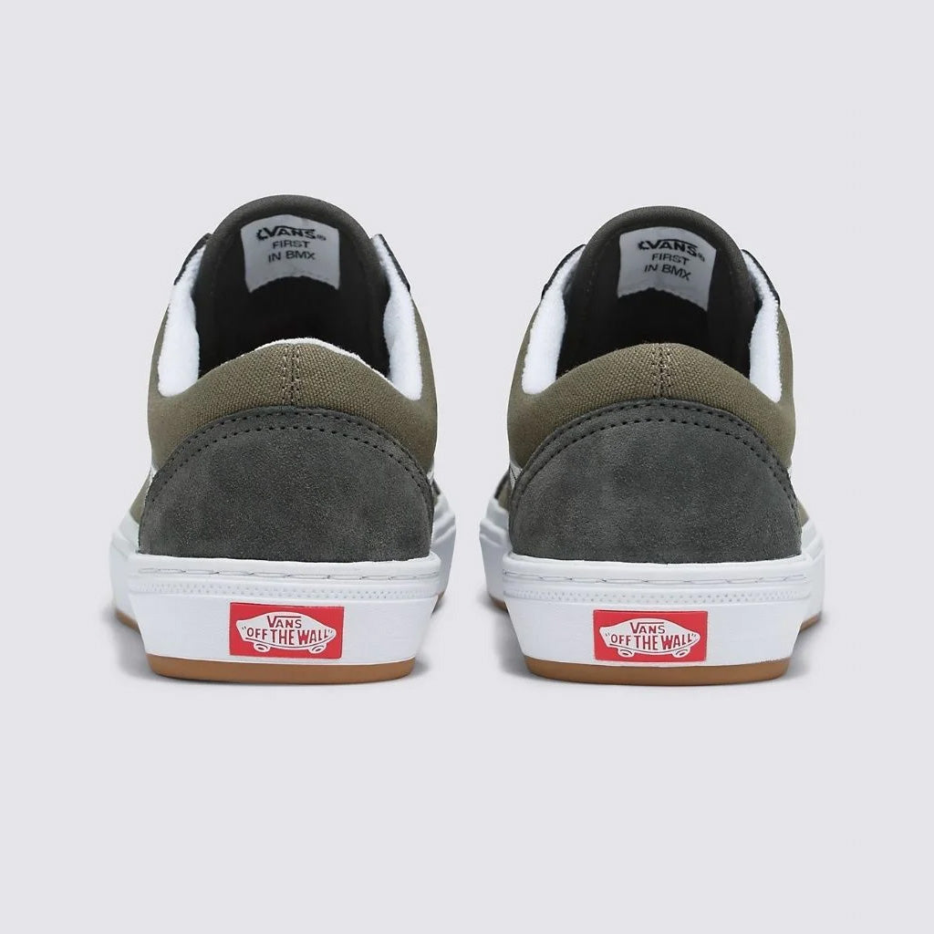 Vans BMX Old Skool shoes - Unexplored, in olive and white.