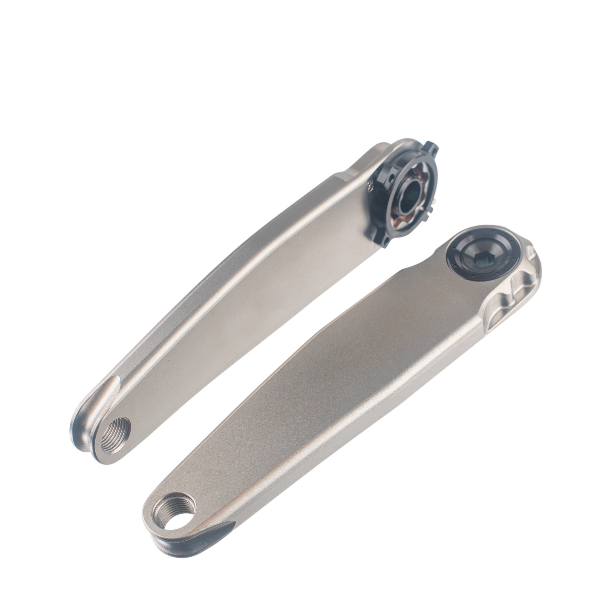 The 5DEV Titanium RGXC Cranks, a pair of metal BMX race crank arms with spindle interfaces and pedal holes, are displayed on a white background.