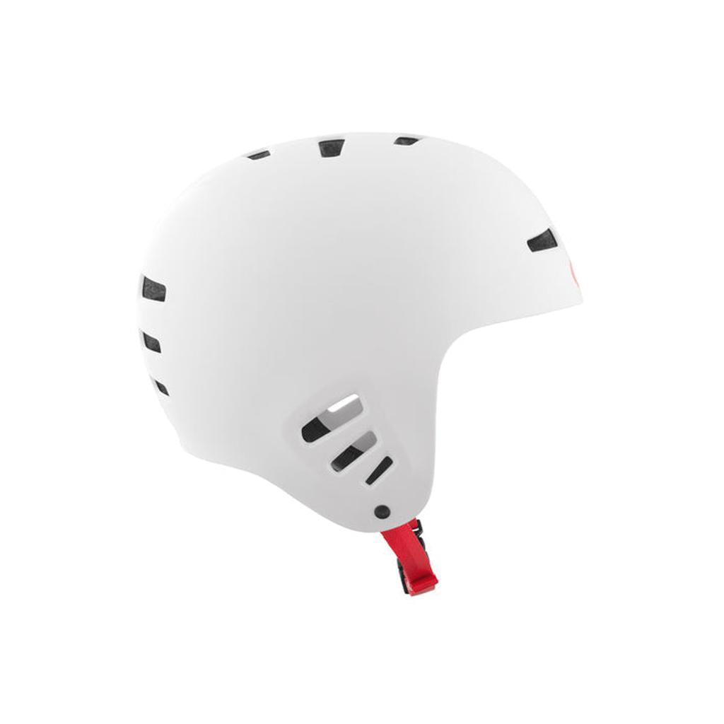 TSG Dawn Flex Full Cut Helmet in white, featuring ventilation holes and a red adjustable chin strap for soft-fit comfort, displayed in side profile against a plain background.