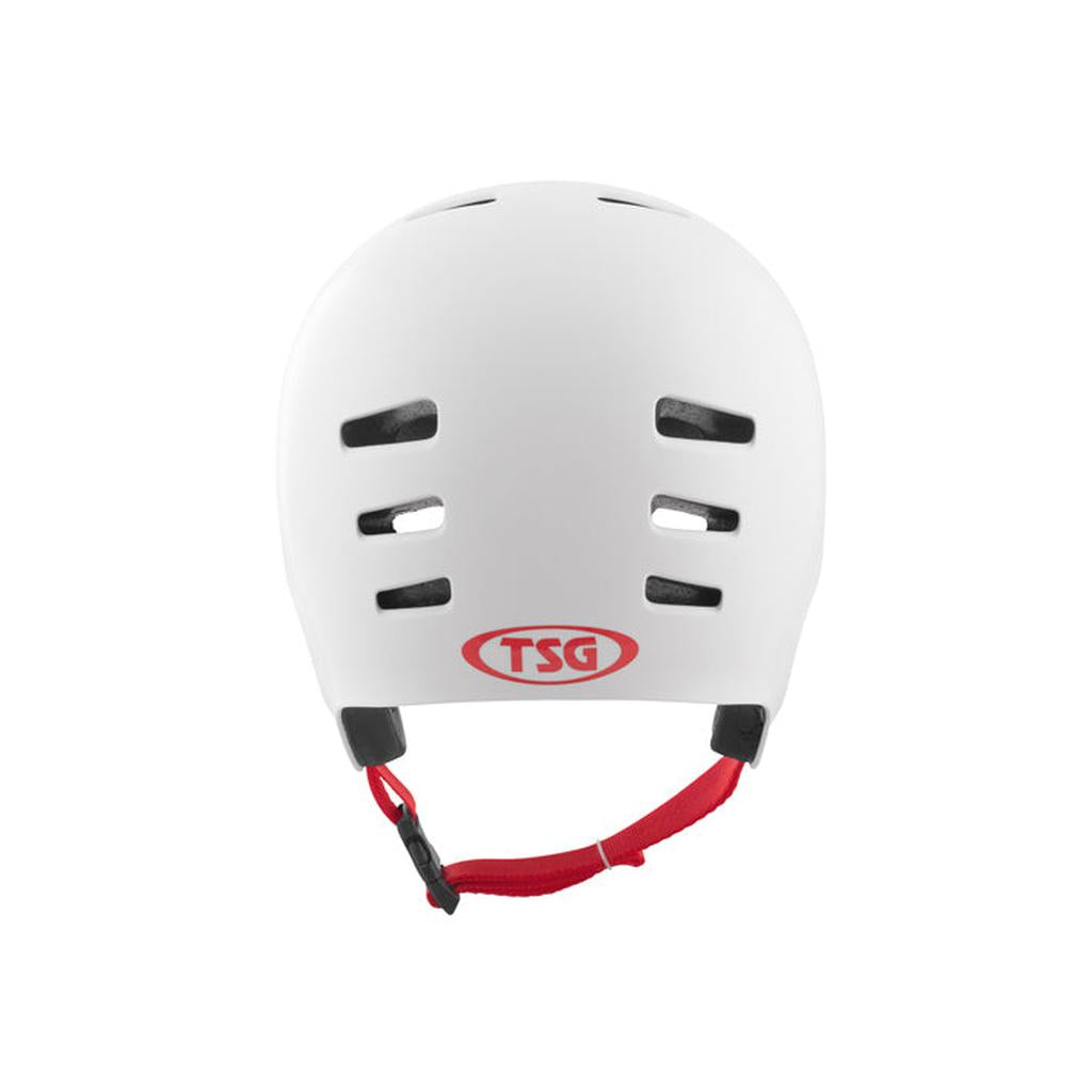 The TSG Dawn Flex Full Cut Helmet in white features ventilation slots, a red logo, soft-fit comfort, and a red adjustable chin strap for added security. Shown from the back.
