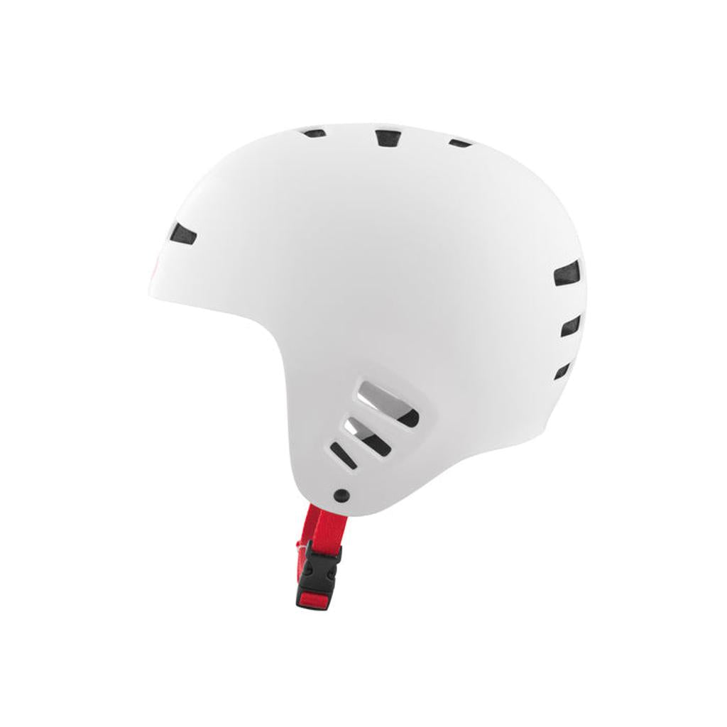 The TSG Dawn Flex Full Cut Helmet in white is CE certified, with multiple ventilation holes and a red adjustable chin strap for soft-fit comfort, shown in side profile view.