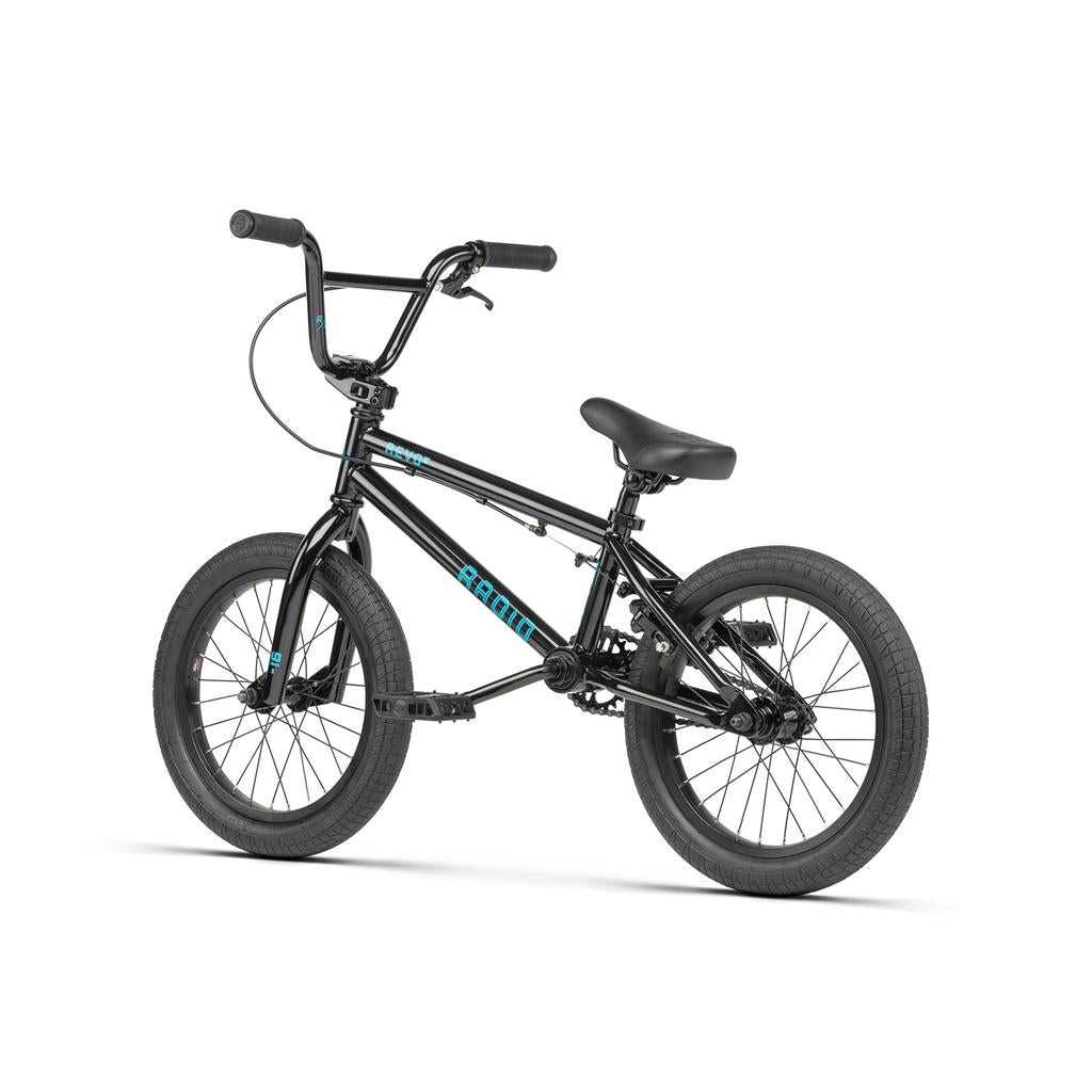The Radio Revo 16 Inch Bike, shown in black with thick tires, a padded seat, and upright handlebars, is displayed on a white background.