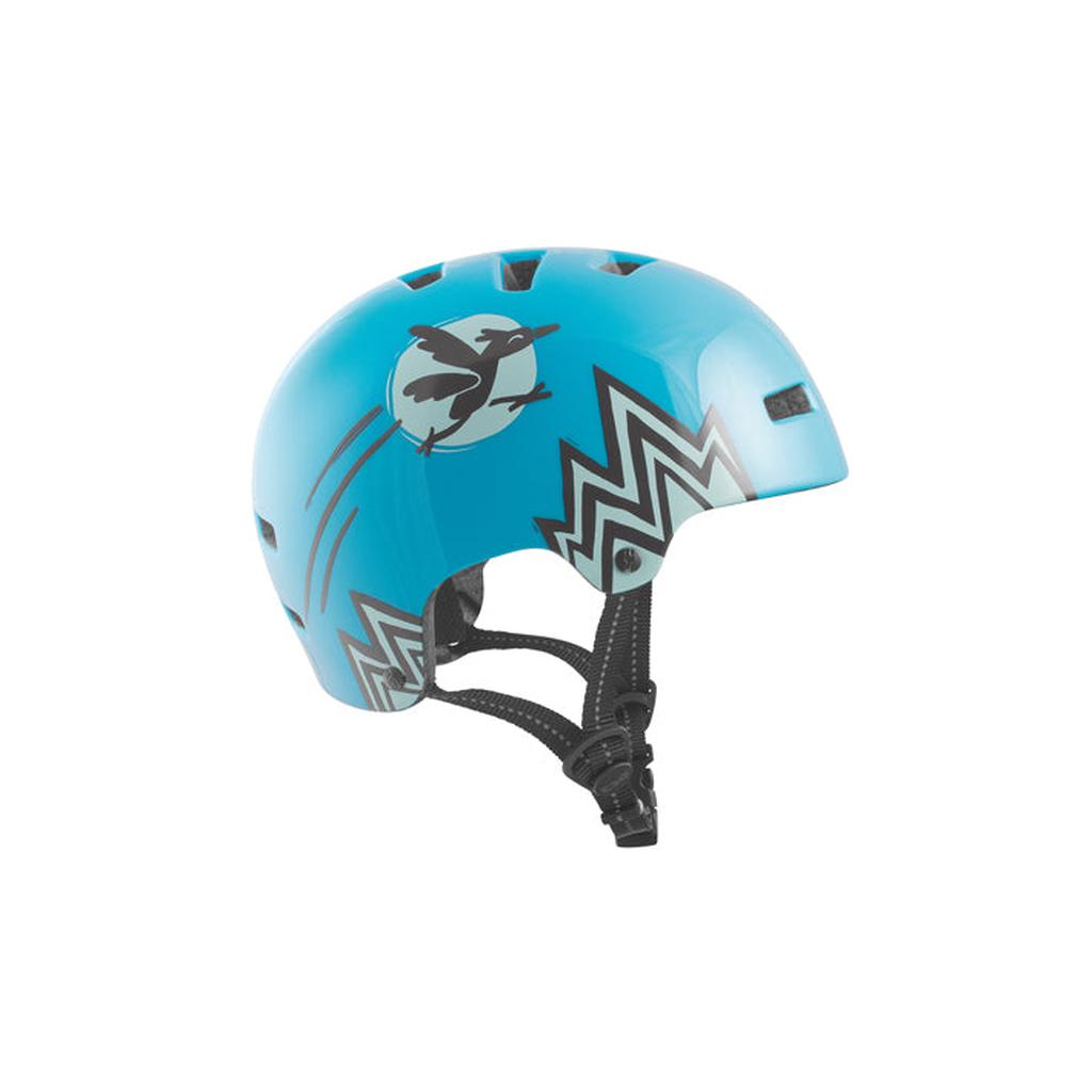 The TSG Nipper Maxi Helmet / Fly Like A Bird is a lightweight youth helmet in blue, featuring black and white bird and zigzag graphics, plus an adjustable black chin strap for comfort.