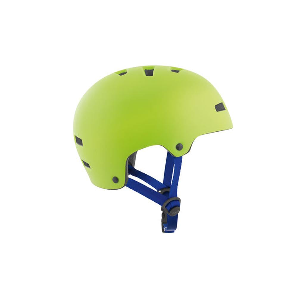 The TSG Nipper Maxi Helmet in satin green for youth features blue adjustable straps, multiple ventilation holes, and a lightweight design, displayed against a white background.