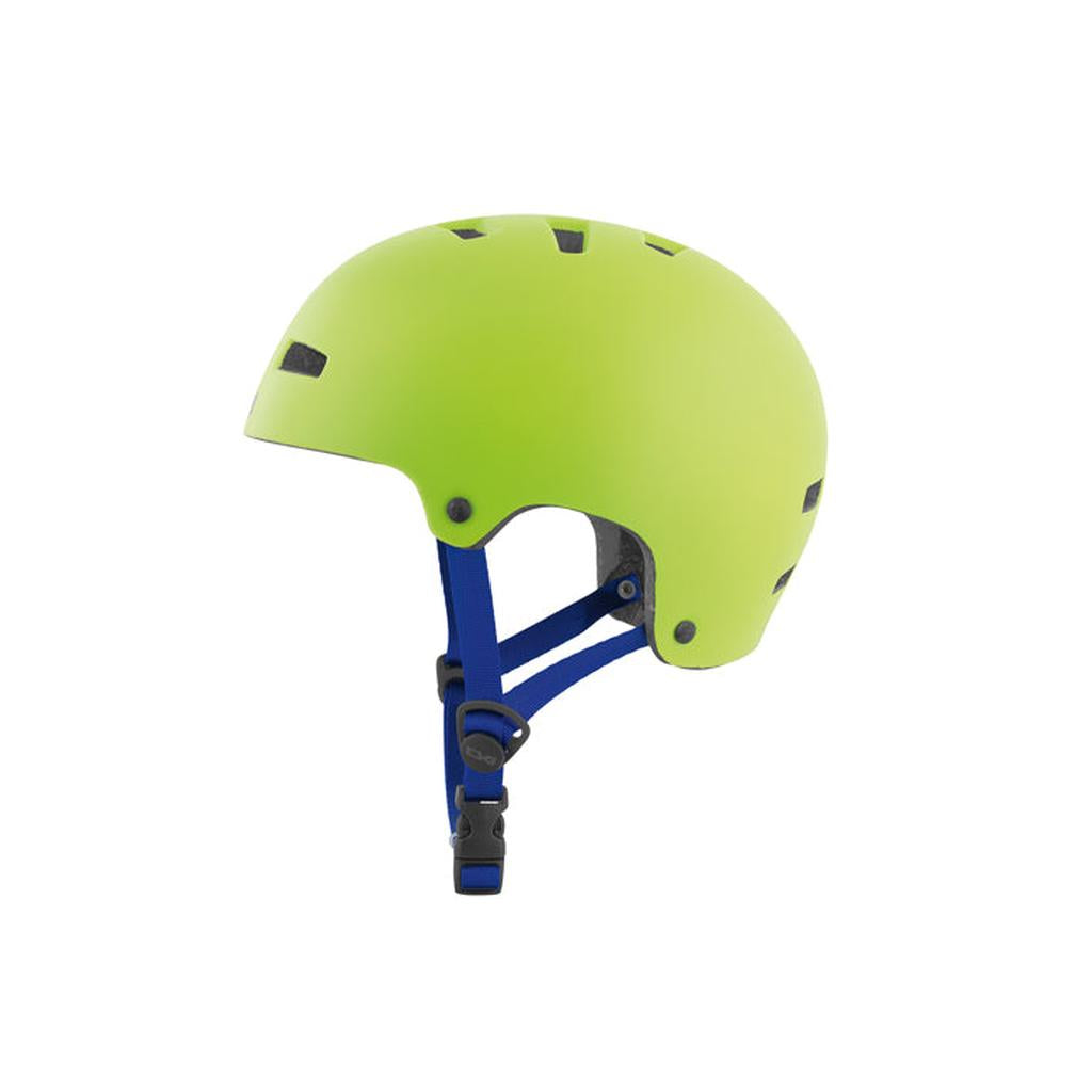 The TSG Nipper Maxi Helmet in satin green features a lightweight matte finish, blue adjustable straps, and a black buckle, displayed in side profile against a white background.