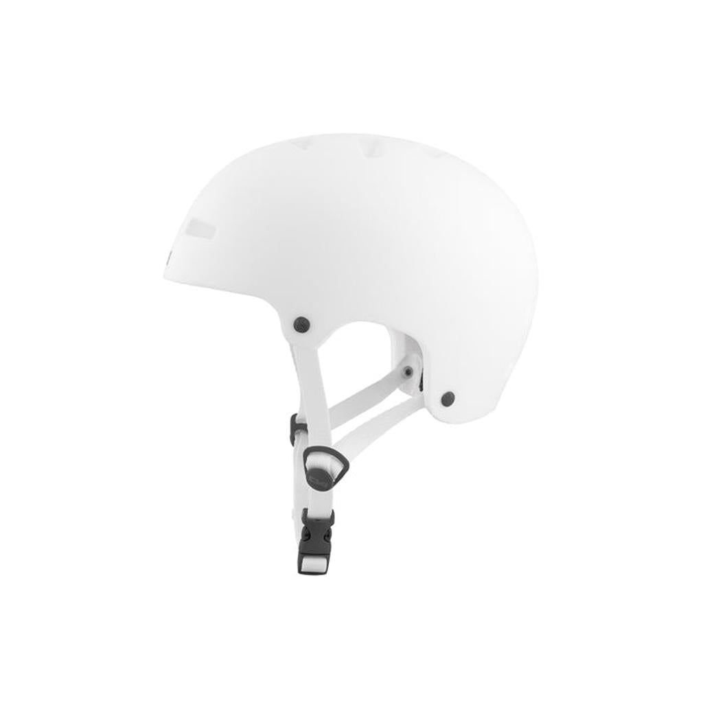 The TSG Nipper Maxi Helmet in Satin White features a smooth, rounded shell and adjustable chin strap, shown in side profile on a plain background. Its ultra-light design ensures comfort and safety on every ride.