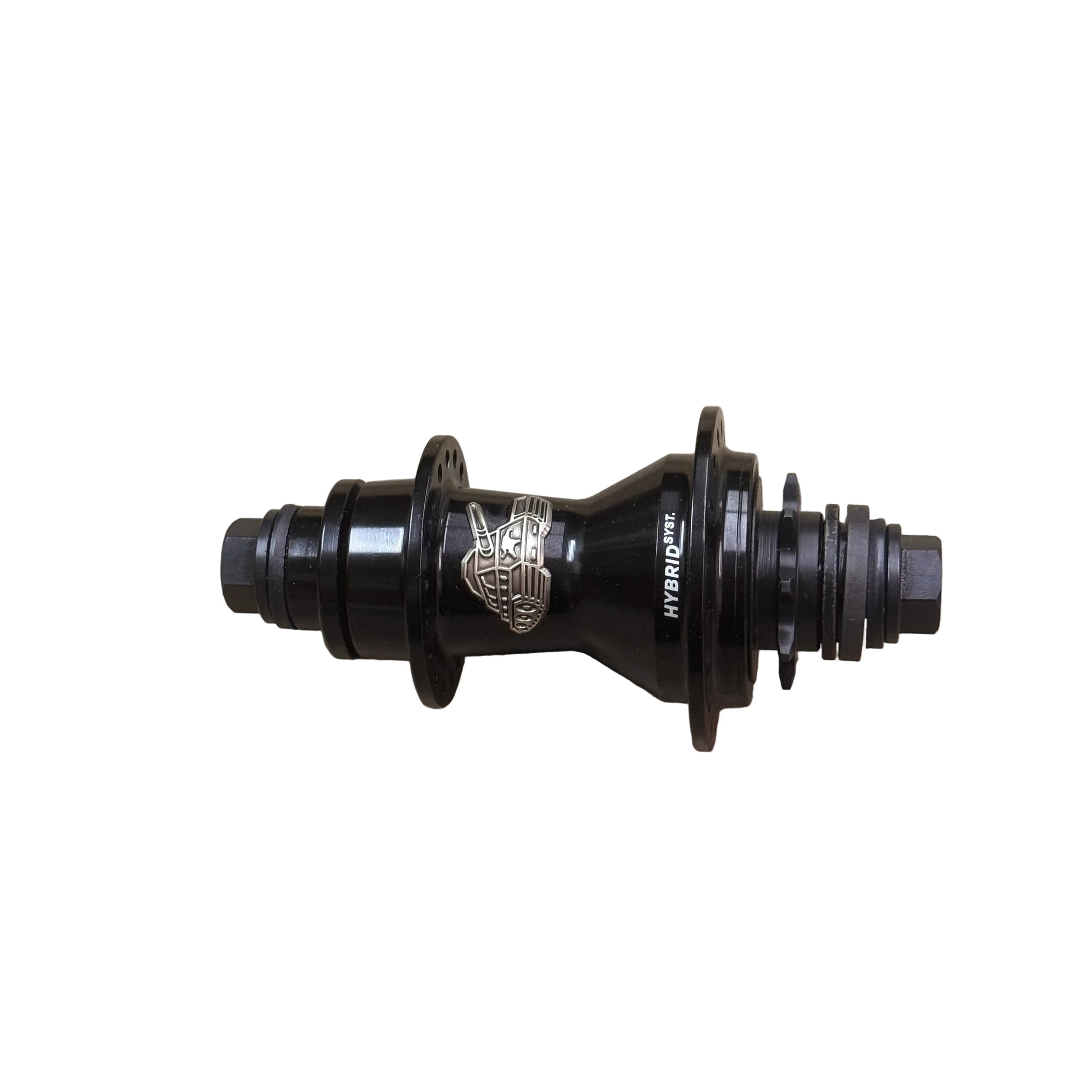 Animal Sherman Hybrid Rear Hub in black metal, labeled "HYBRID V2" with logo, built for hybrid freecoaster setups. Compatible with hub guards and shown on a plain white background.