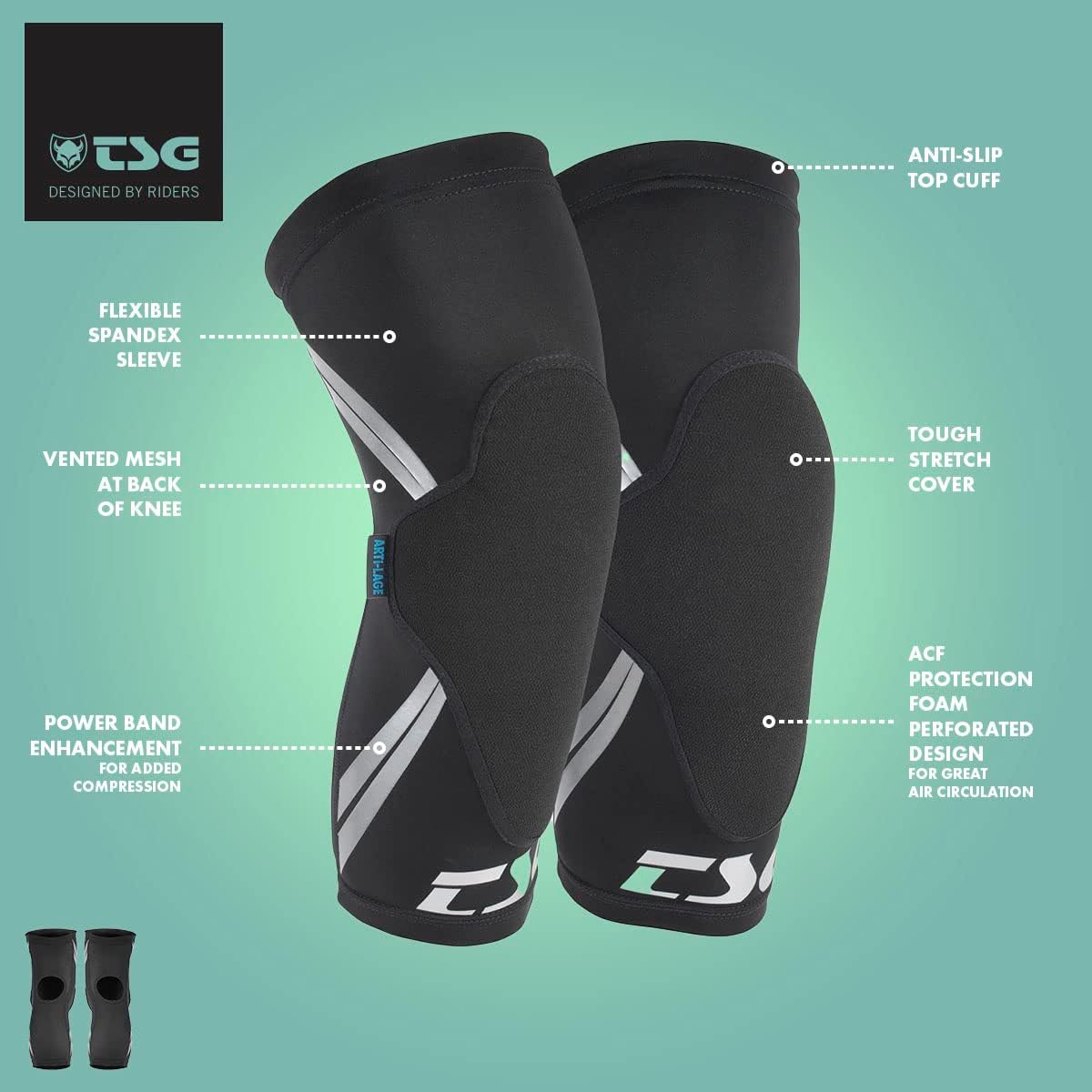The TSG Knee-Sleeve / Dermis A offers lightweight protection with flexible spandex, vented mesh, a tough cover, anti-slip cuff, power band, and perforated foam for airflow—ideal as a bike pad or supportive knee sleeve.