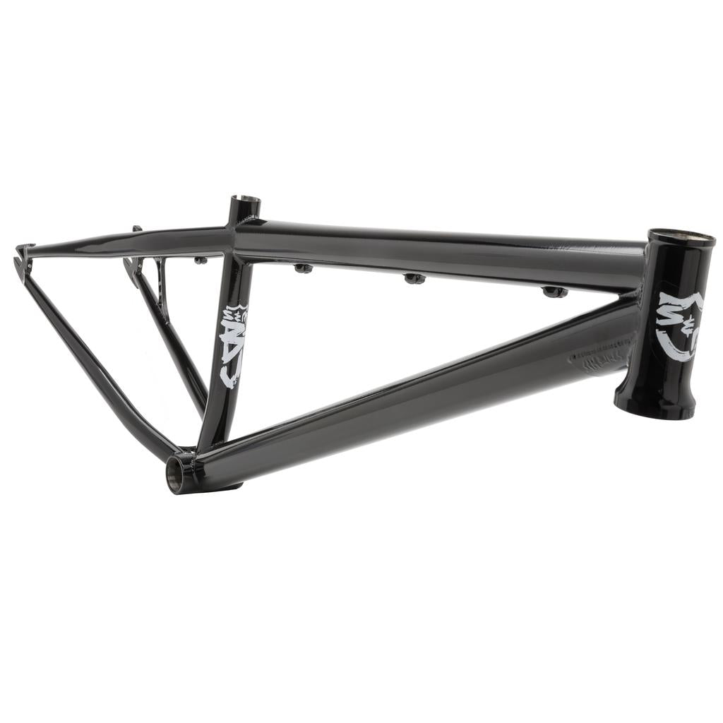 The S&M Big Jumper 26 Inch Dirt Jumper Frame is a black metal frame with white graphics and a suspension fork, displayed side-on against a white background.