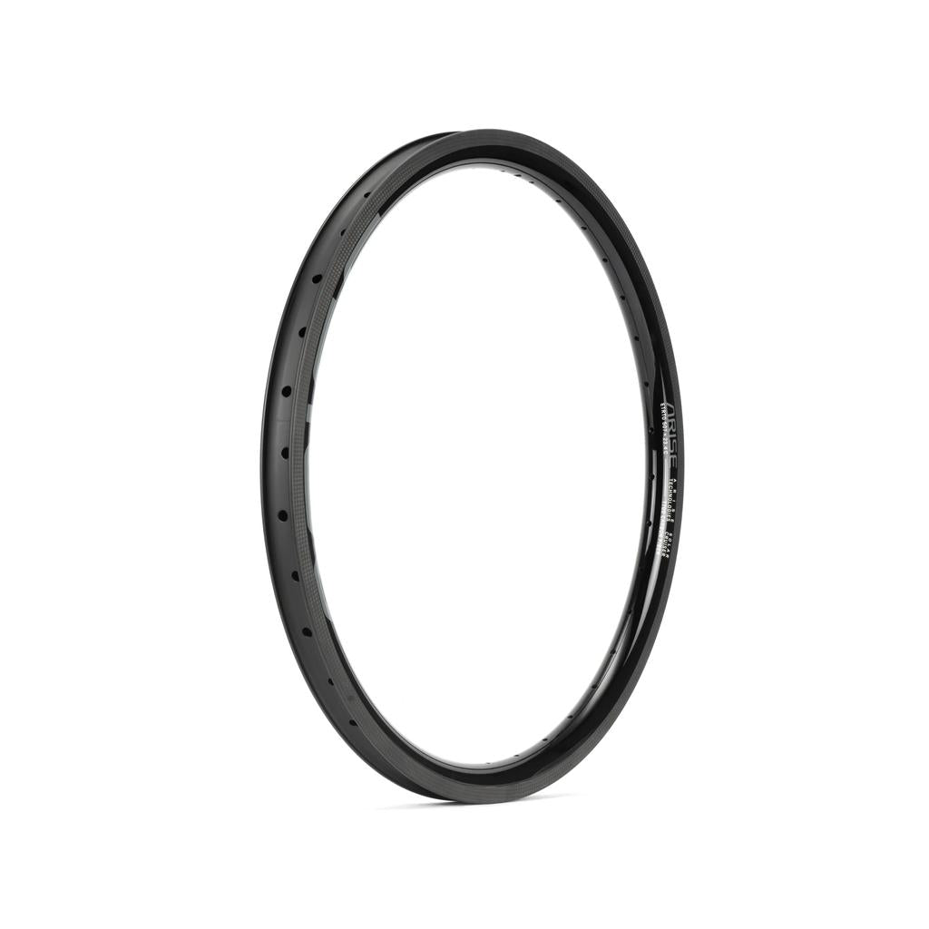 The Arise Solar 24 Inch Cruiser Rim, crafted from T700 Torayca Carbon Fibre in a black, circular design with multiple spoke holes, is displayed upright against a white background.