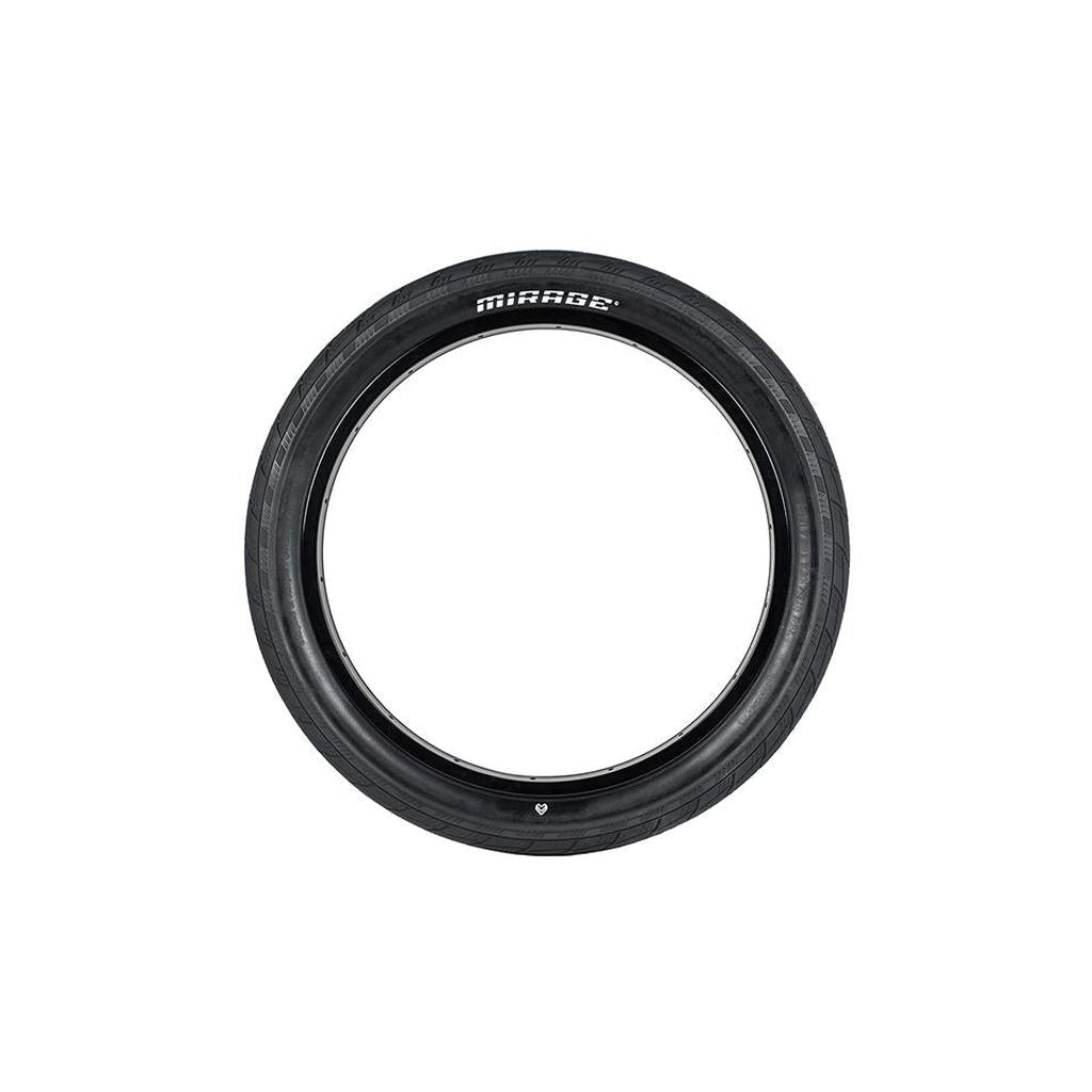 The Eclat Mirage Wire Bead Tyre (Each) in black features "MIRAGE" in white on the tread and is displayed on a plain white background—perfect for street BMX riders seeking both style and high-performance grip.