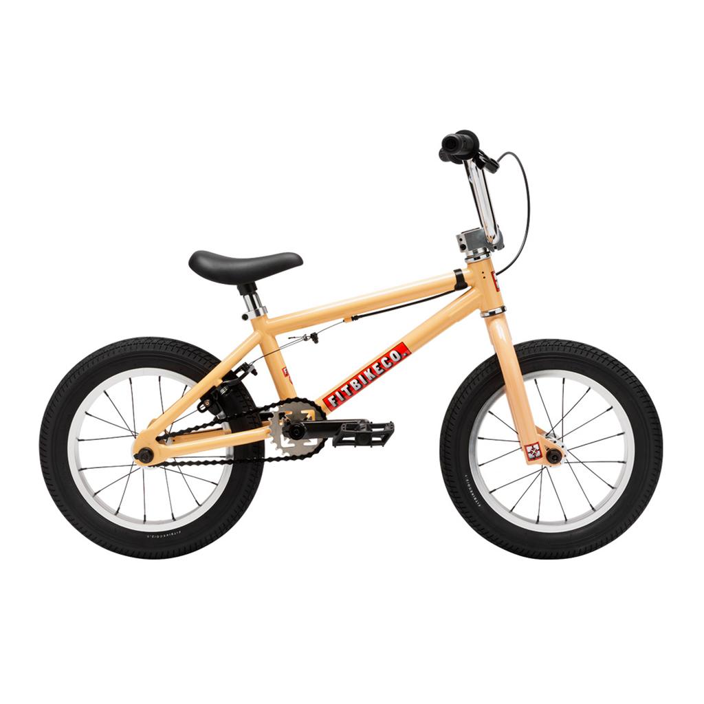 The Fit Bike Co Misfit 14 Inch Bike for kids features a beige frame with black tires, a black seat, and "FITBIKECO" branding, shown from the side against a white background.