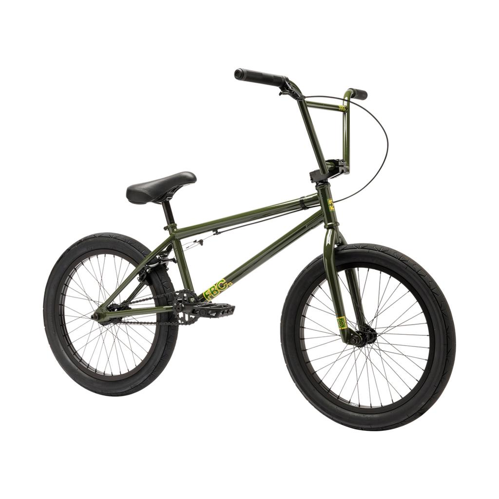 The Fit Bike Co STR 20 Inch Bike (2026) features a green frame with black tires, black seat, and yellow accents, displayed side-on against a white background—ideal for today’s street BMX riders.