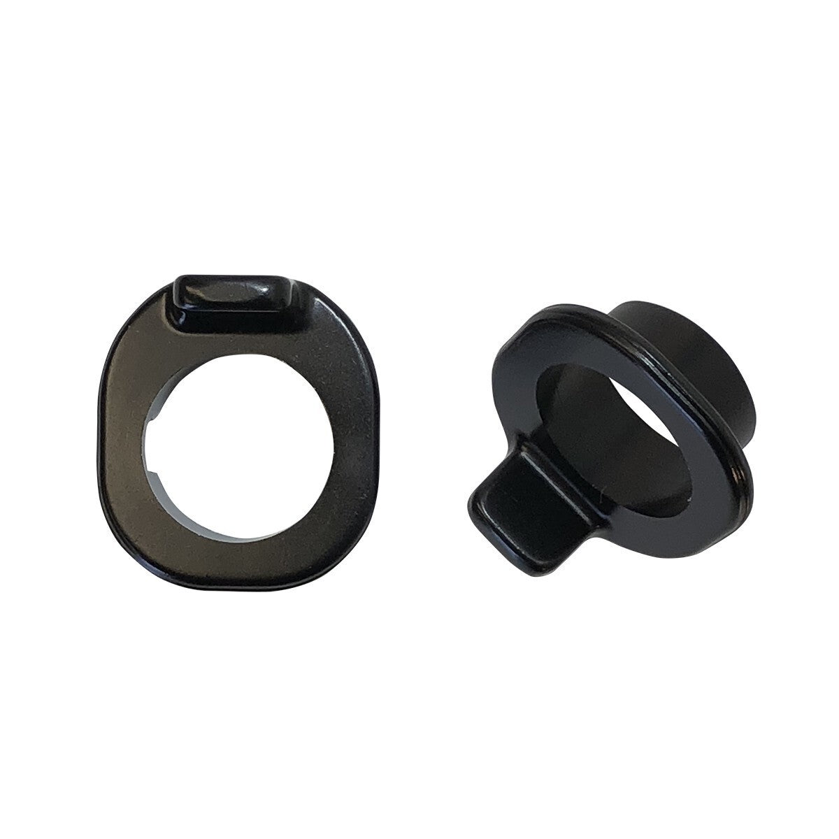 Two small, black, circular metal components from the Chain Tensioner Kit for ACT Frame—designed for use with Chase ACT 1.2 frames or a CHASE ACT 1 tensioner block—feature precise notches and flat edges. Displayed against a white background, these hardware parts are typically available in 10mm or 20mm sizes.