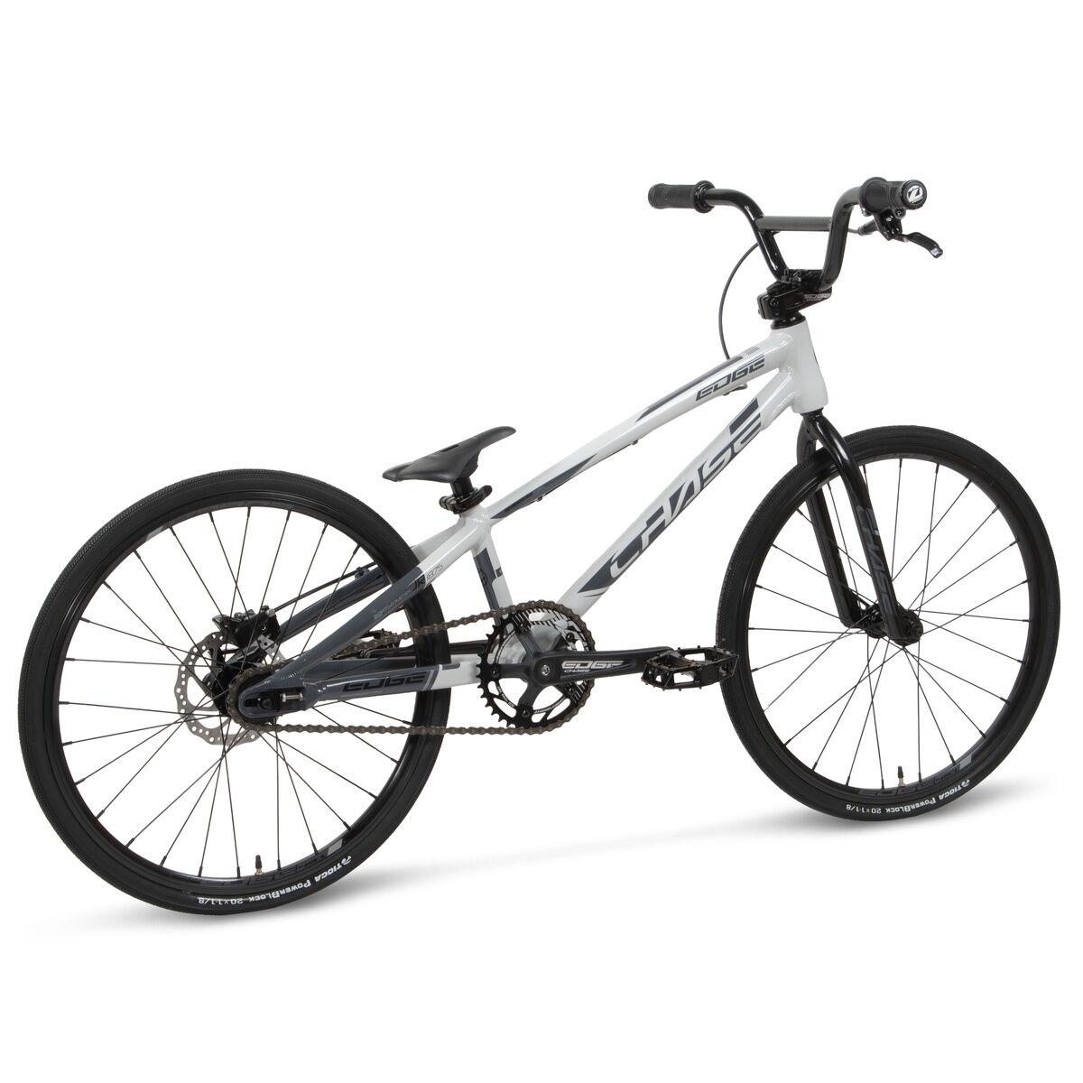 The Chase Edge Junior Bike (2026) is shown from the right side against a white background, featuring a matte white and black finish, lightweight 6061 aluminum frame, flat handlebars, large pedals, thin tires, and Shimano hydraulic disc brakes.