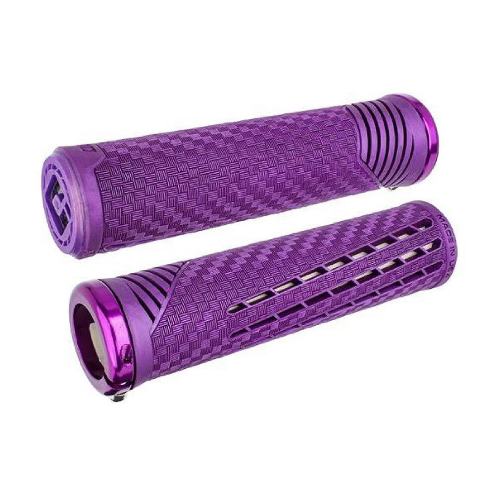 A pair of purple ODI CF Lock On Grips V2.1, designed for performance, on a white background.