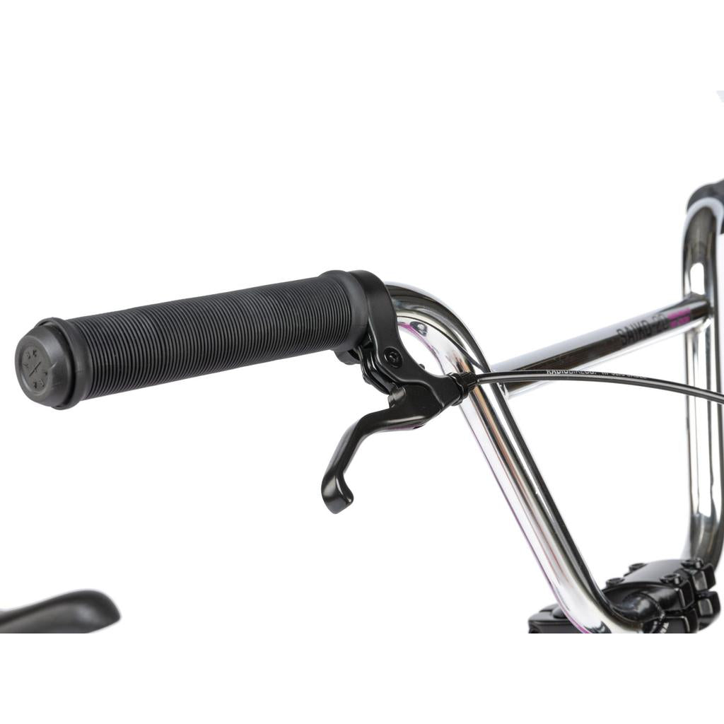 Close-up of the Radio Saiko 20 Inch Bike's handlebar with a black rubber grip and brake lever, ideal for a kids' BMX bike, shown against a white background.