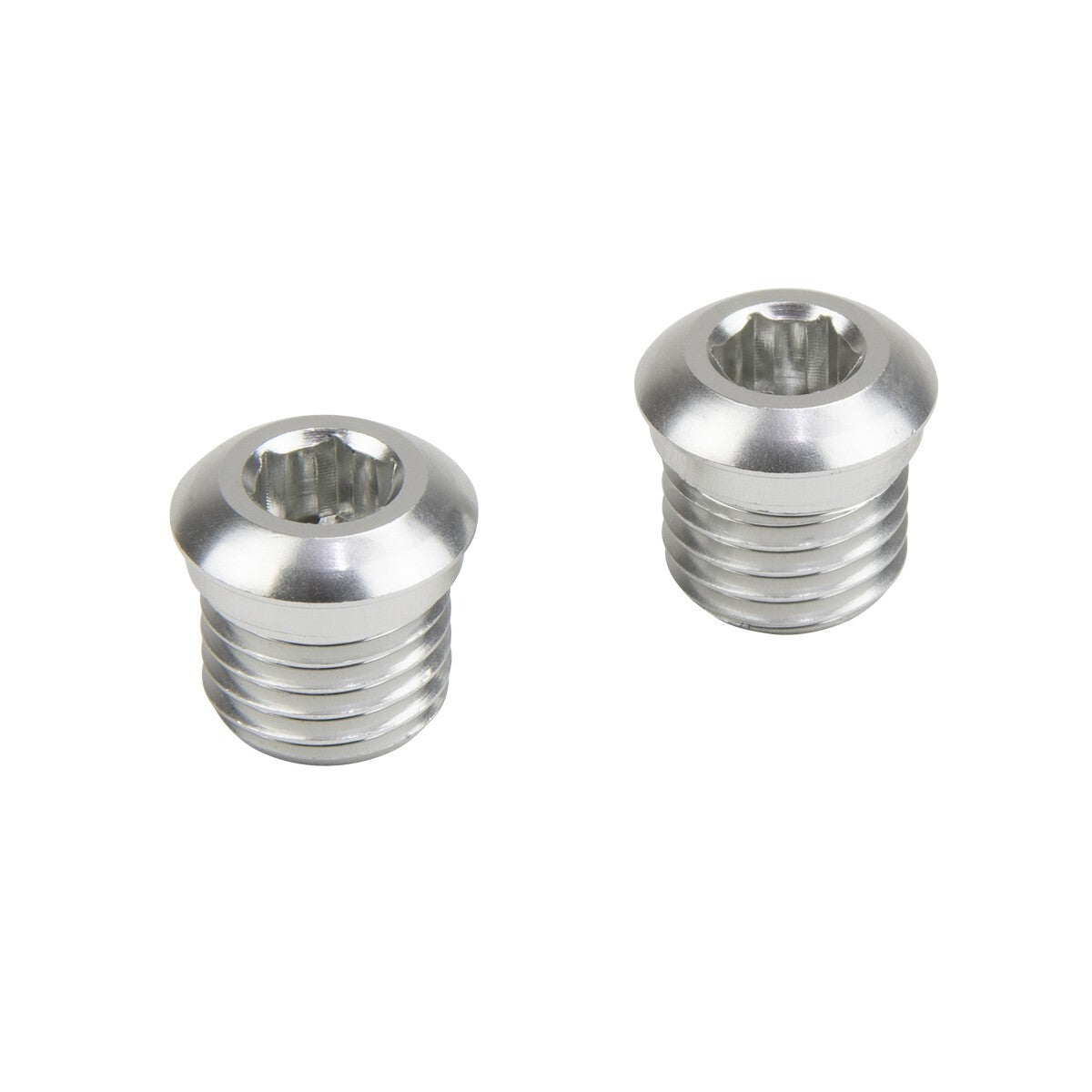 Two silver ELEVN V-Brake Pivot Plugs, made from threaded aluminium with hexagonal socket heads, placed side by side on a white background.