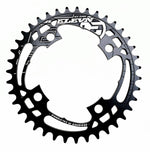 A black Elevn Flow 4 Bolt 104 Chainring with 34 teeth and cut-out details, featuring white branding, is shown on a white background. It’s a CNC race chainring with a 104mm BCD for precise fit and performance.