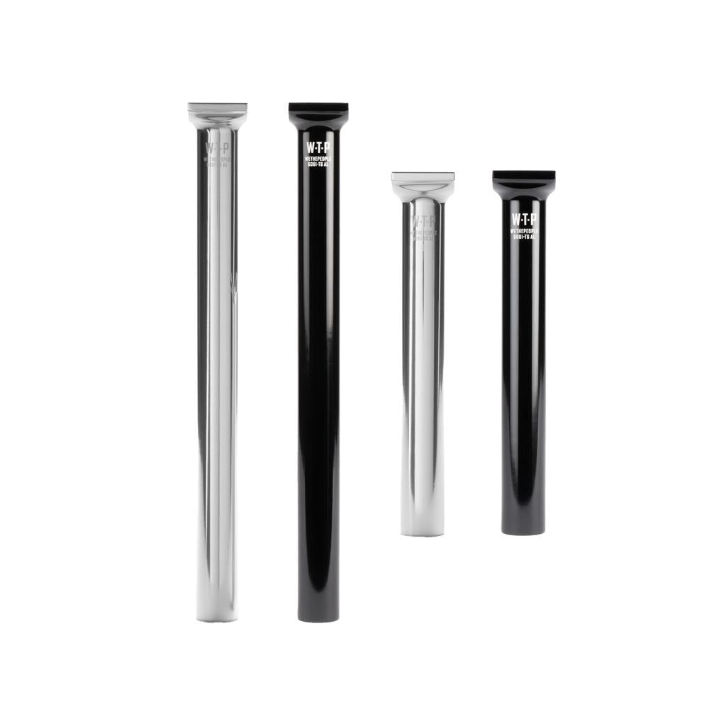 A row of four Wethepeople Pivotal Seat Posts (200mm), made from strong 6061-T6 alloy, shown upright in black and silver finishes against a white background.