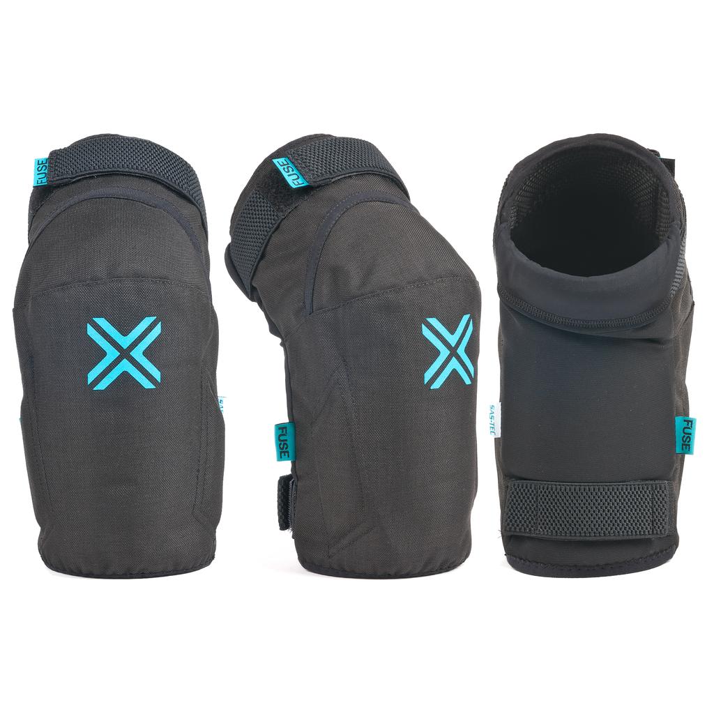 Three black Fuse Echo Knee Pads with blue "X" logos and Velcro straps, crafted from Cordura fabric for durability and impact absorption, shown from multiple angles on a white background.