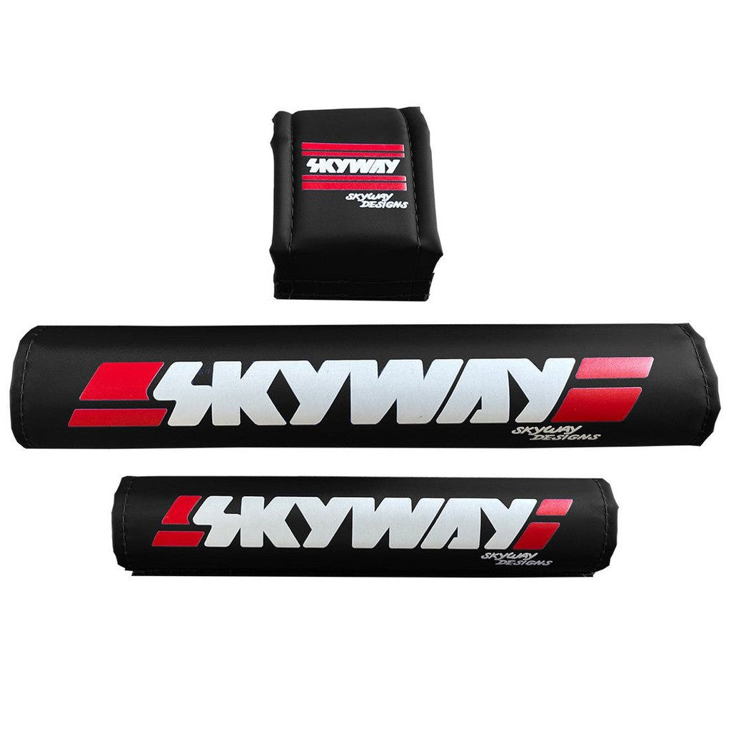 A set of SKYWAY USA Made Retro Pad Set grips proudly showcasing the iconic "SKYWAY" logo, made in the USA.