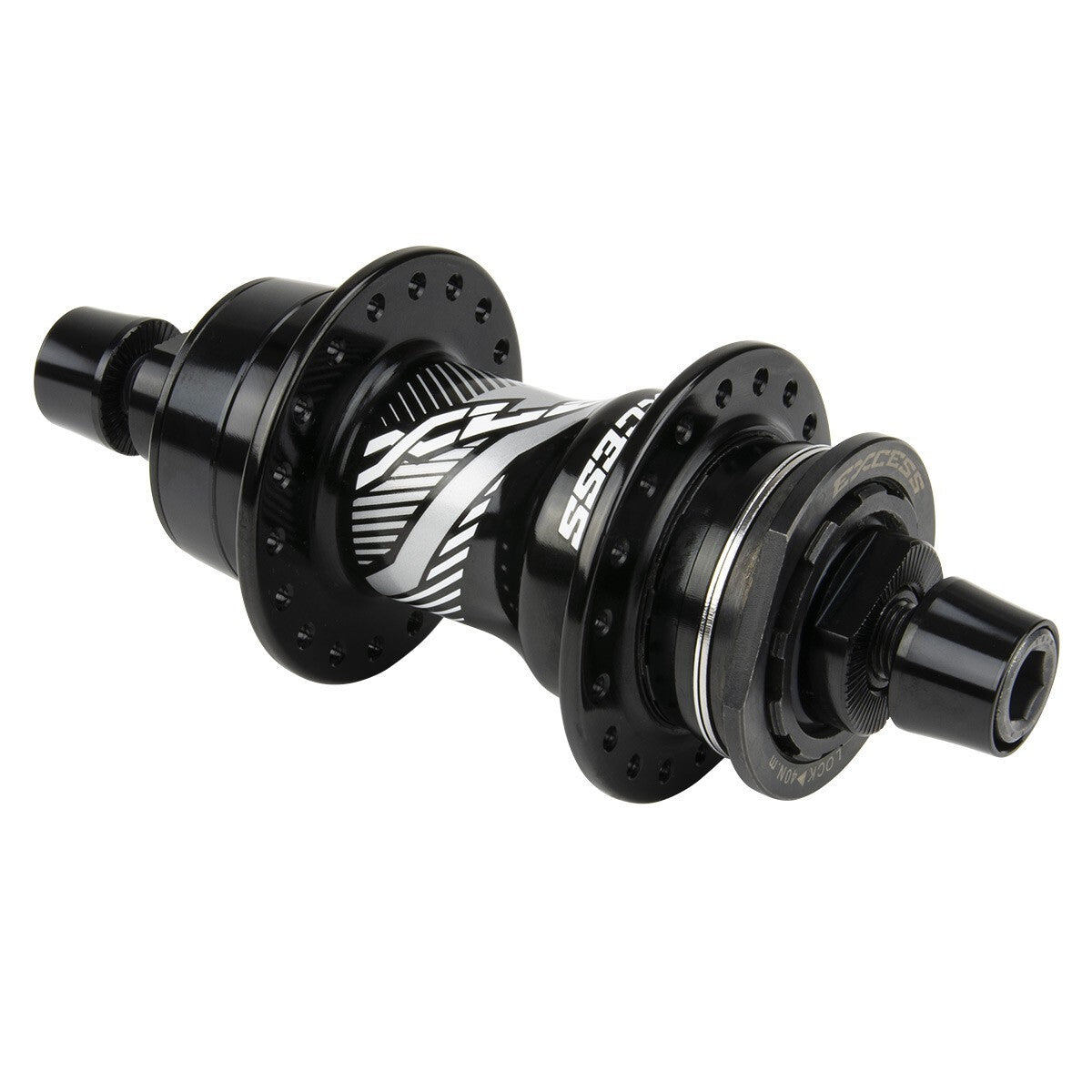 The Excess Pro Rear Hub 24R in black and white, featuring a sealed bearing, multiple spoke holes, and a single cog, is displayed against a plain white background.