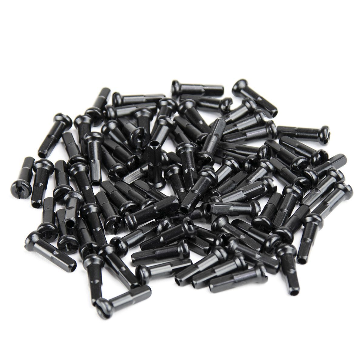 Sentence with product name: A pile of small black Excess Alloy Nipples 80 Pack scattered on a white background, each 16mm in length.
