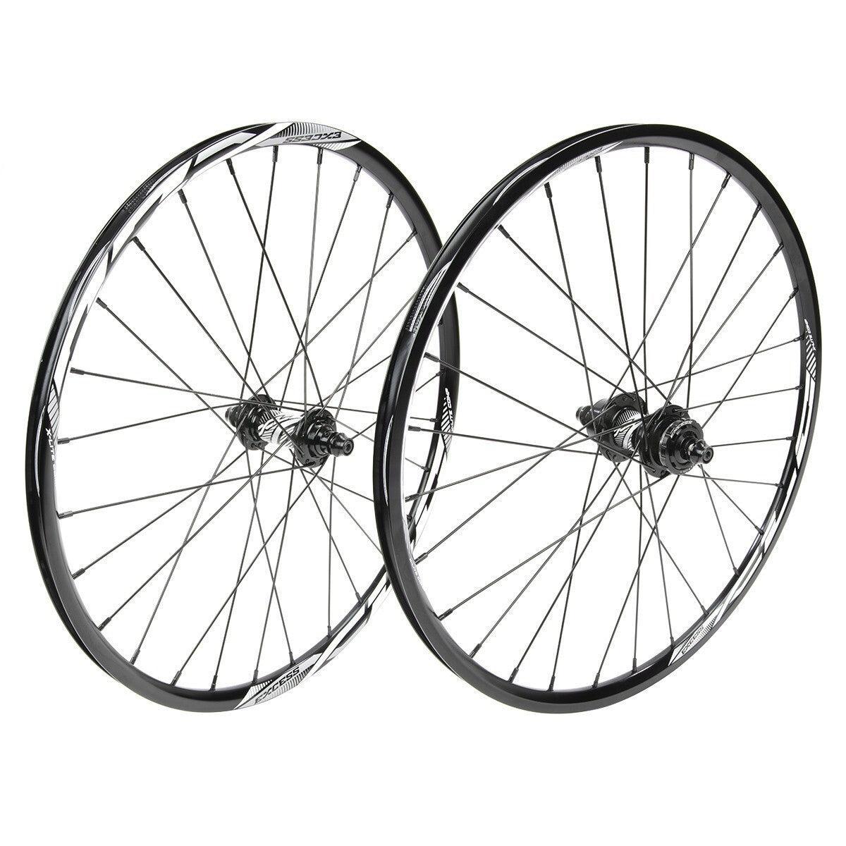 The Excess XLC-2 20 x 1.3/8 Alloy Wheel Set 36H features two black wheels with silver spokes and black hubs, displayed upright and slightly overlapping against a white background.