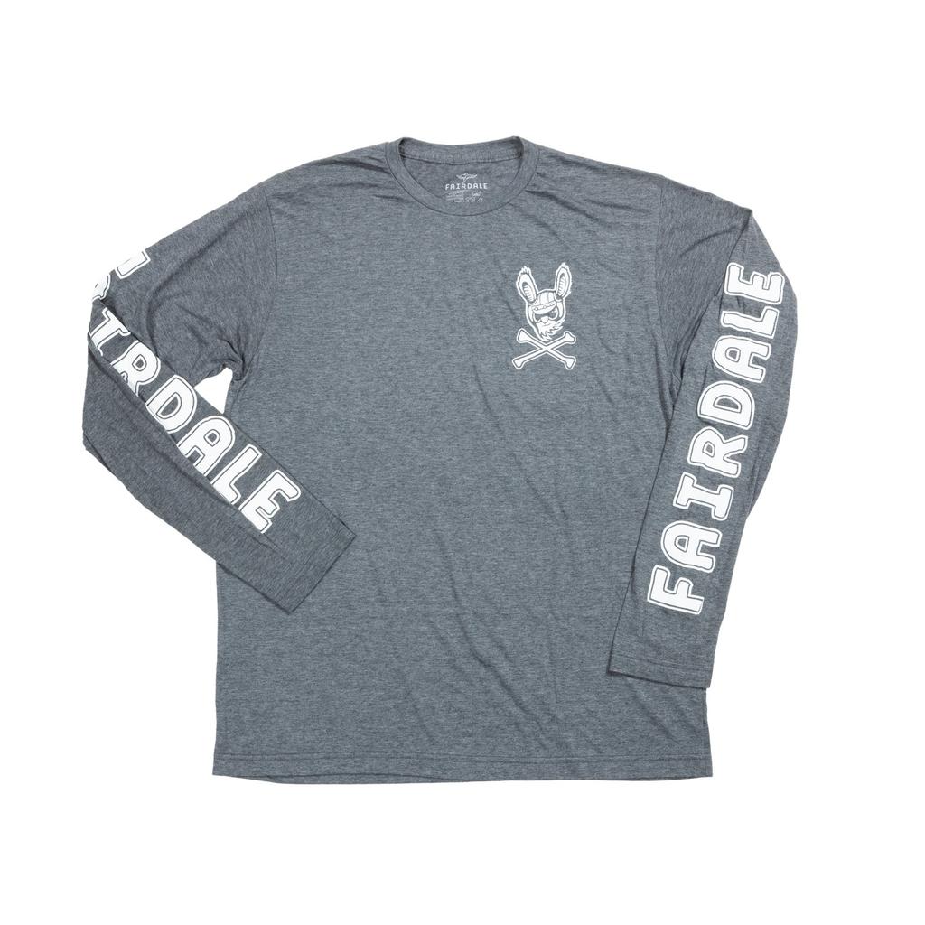 The Fairdale Harerogers Long Sleeve T-Shirt is a gray fall piece featuring "FAIRDALE" in bold white letters on each sleeve and a small rabbit skull graphic on the left chest.