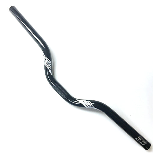 The Insight 2.0 Alloy Race Bar (22.2mm Clamp) is a black handlebar featuring a slight rise and distinctive white graphics on both sides. Crafted from robust 6061 T6 aluminium for lasting strength and reliability, this butted bar from the Insight 2.0 inch bars collection is shown photographed against a white background.