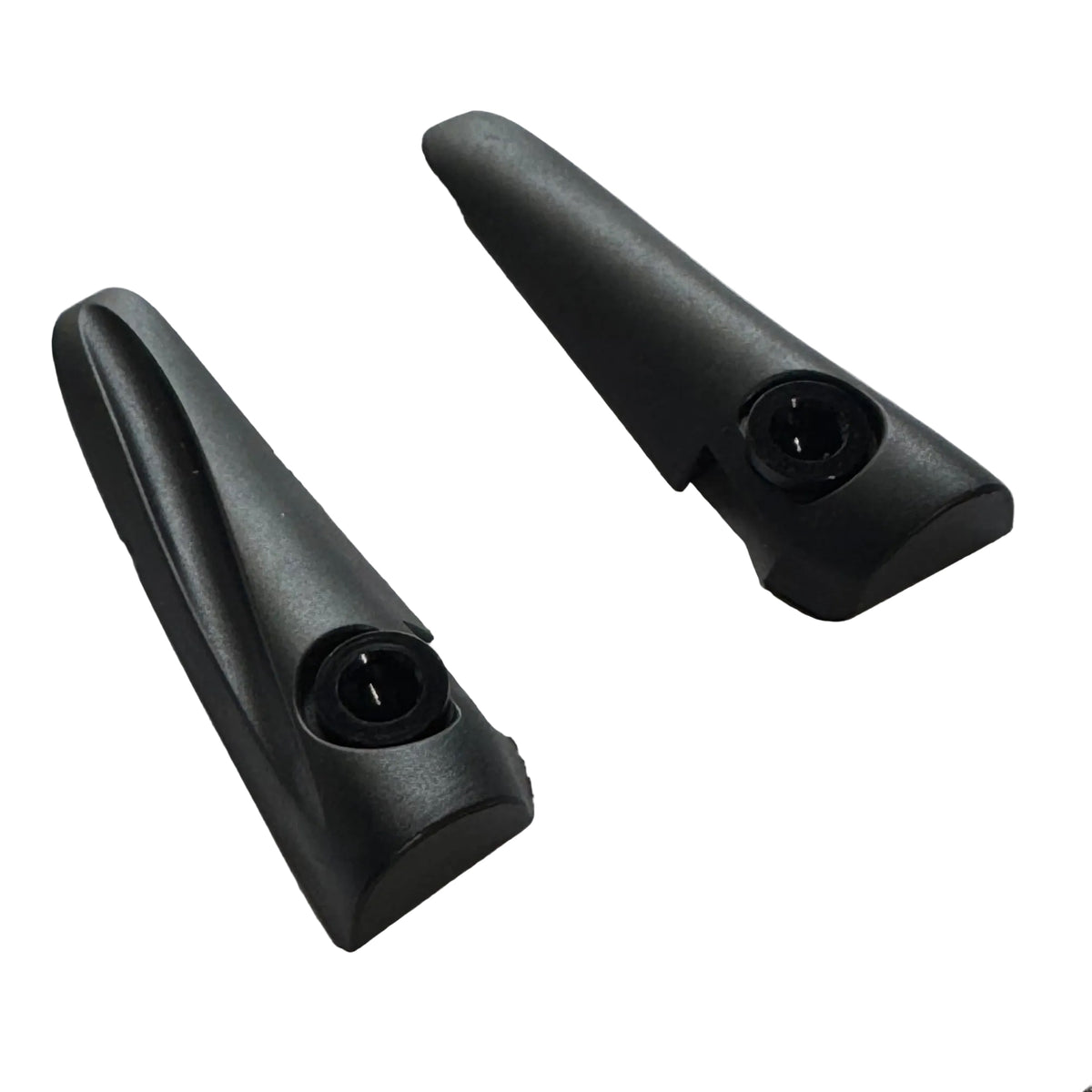 Two black plastic Chase ACT 1.2 V-Brake Mount Aero Covers are shown on a plain white background, each angled to display the visible screw holes, evoking the appearance of sleek components such as nylon cleats or car door handles.