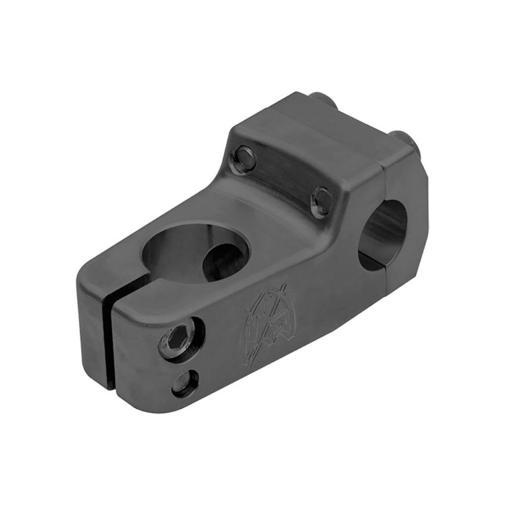 The S&M Shredneck Stem is a black 6061-T6 aluminum bike stem with dual bolt holes on top, a side clamp, and an engraved front logo, inspired by classic Redneck stems for lasting durability and classic style.