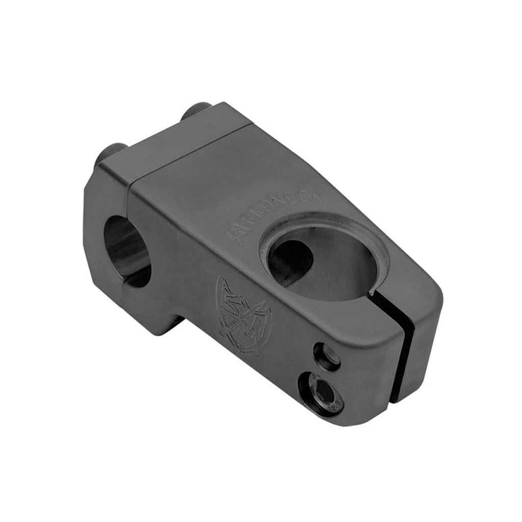 The S&M Shredneck Stem is a black 6061-T6 aluminum handlebar stem with bolt holes and engraved ARBINECK branding, offering a durable, stylish alternative to the classic Redneck stem.