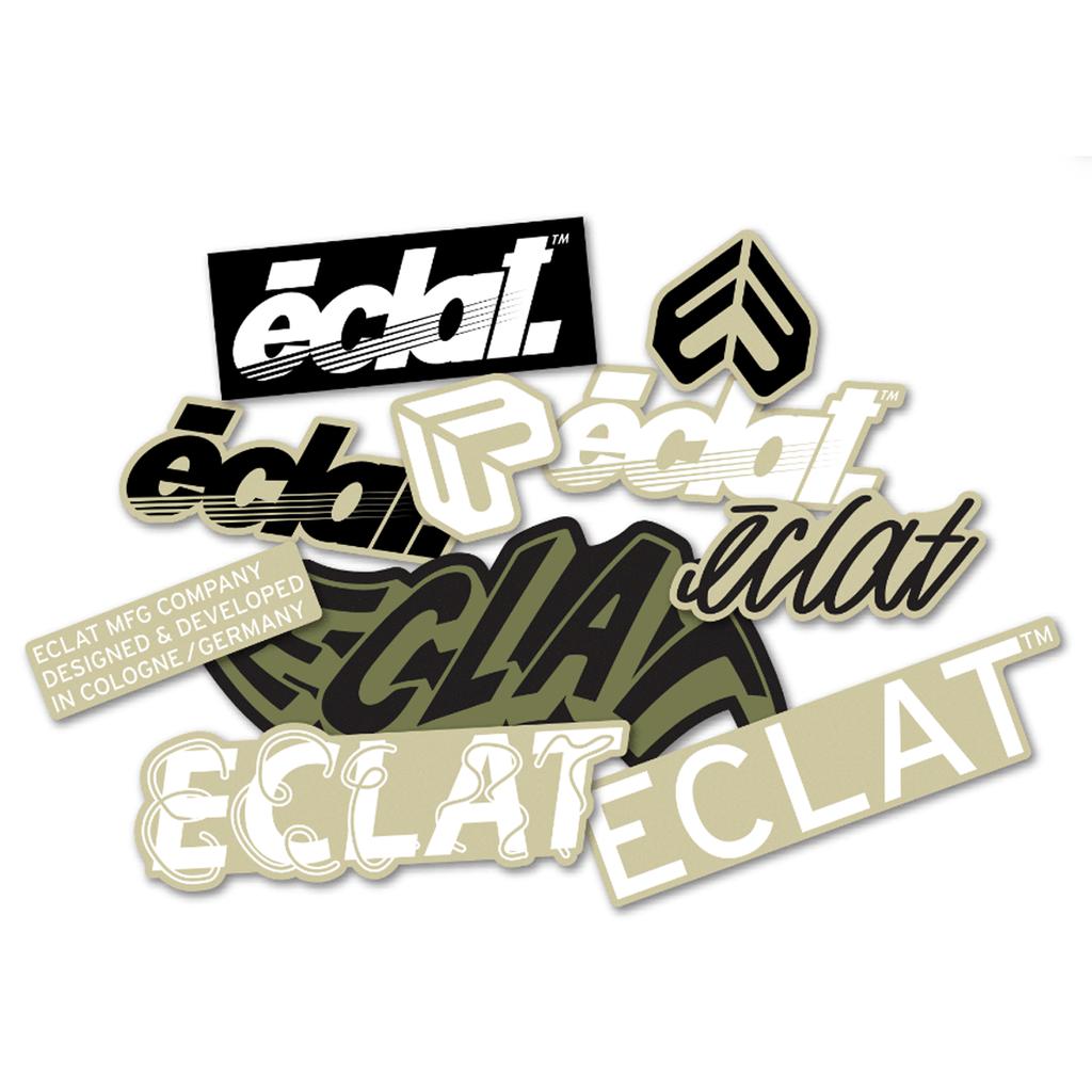 A collage of “Eclat” logos in black, white, beige, and green showcases the Eclat Frame Sticker Pack—10 stickers featuring various fonts and styles. Includes a label referencing Cologne, Germany. Ideal for customizing your bike.