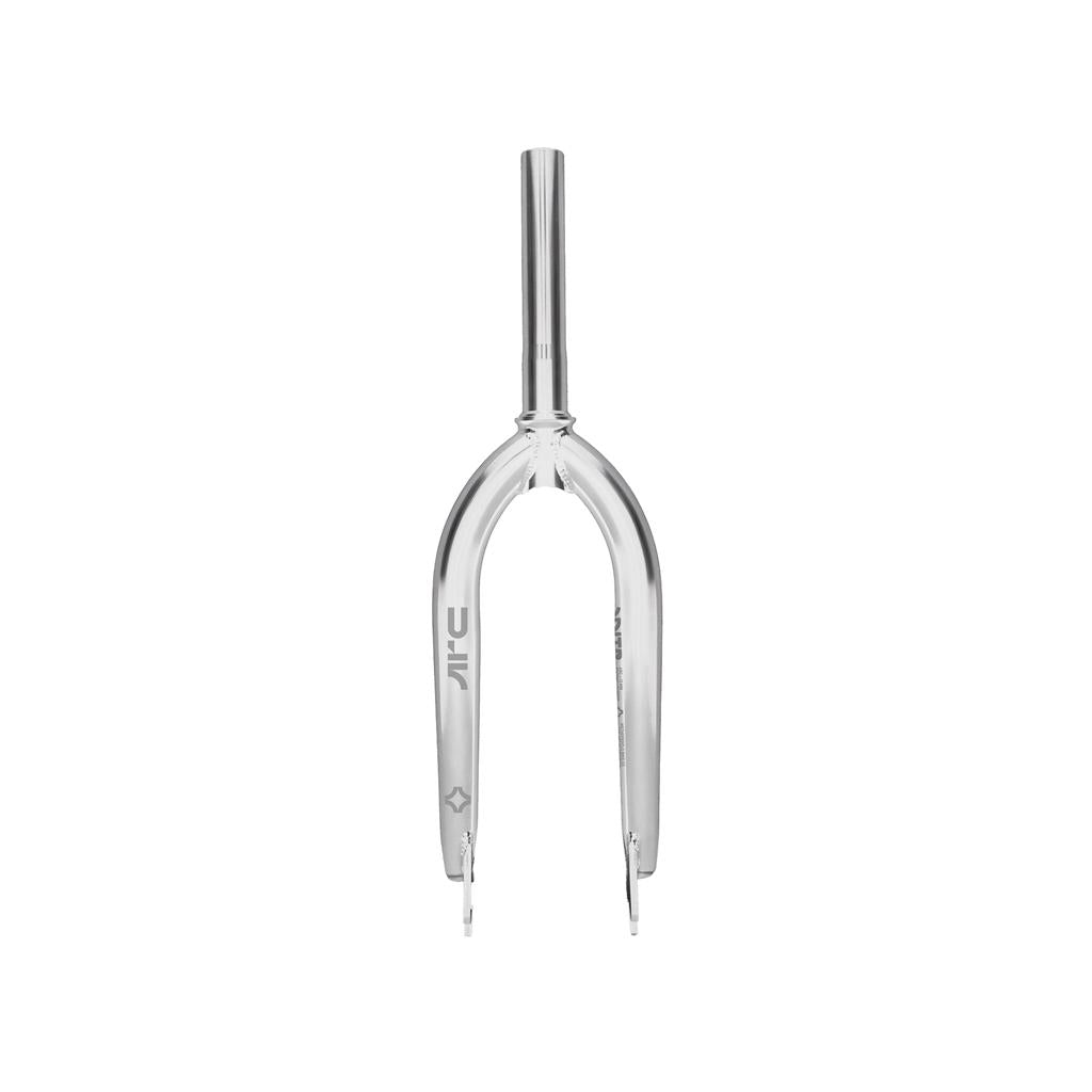 A silver Wethepeople ARC Fork BMX fork with a straight steerer tube, shown from the front on a white background.