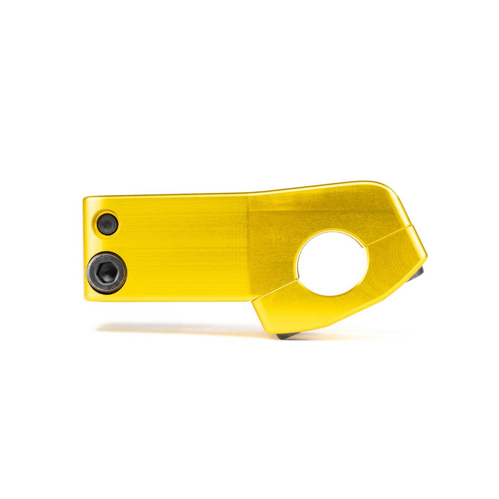 The Eclat 1023 Stem is a yellow CNC machined metal part with two black screws and a circular cutout, showcasing mid-school styling, shown on a white background.