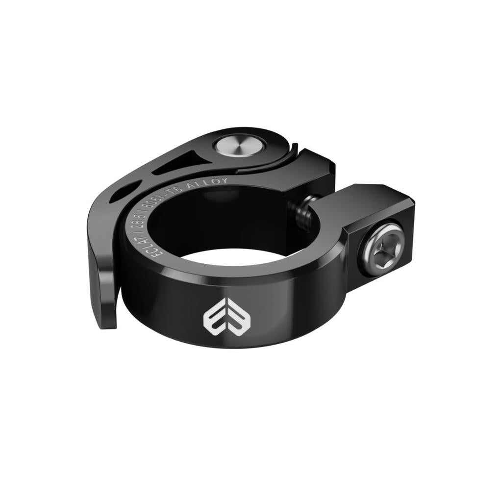 The Eclat QR Seat Clamp is a black 28.6 mm quick-release seat clamp with a bolt and white front logo, shown isolated on a white background.