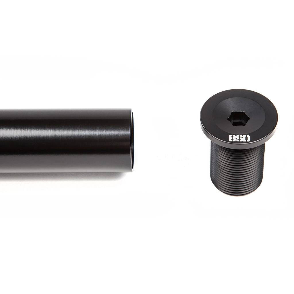 A black metal tube and a threaded black bolt with a hex socket head, both likely parts of the BSD Acid V2 Forks, made from durable 4130 chromoly, are placed on a white background.
