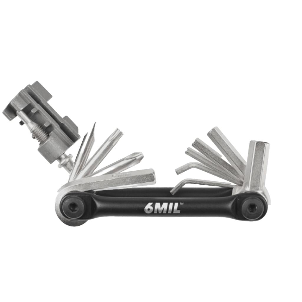 The 6MIL 14 In 1 Folding Multi Tool is a compact, lightweight device with multiple fold-out metal tools and a chain breaker, featuring "6MIL" on its black handle and shown open against a white background.